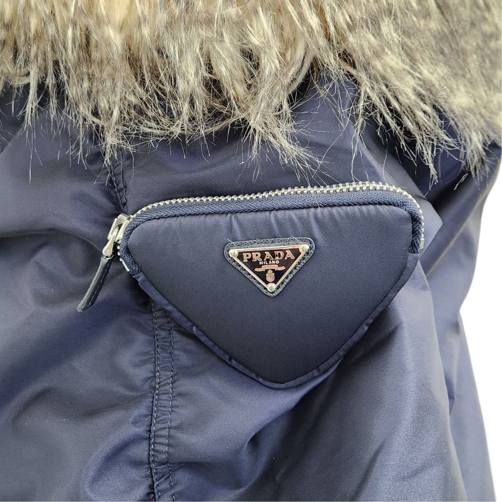 Prada Re-Nylon Triangle Pouch Off Shoulder Faux Fur Coat Navy 36 — view 5