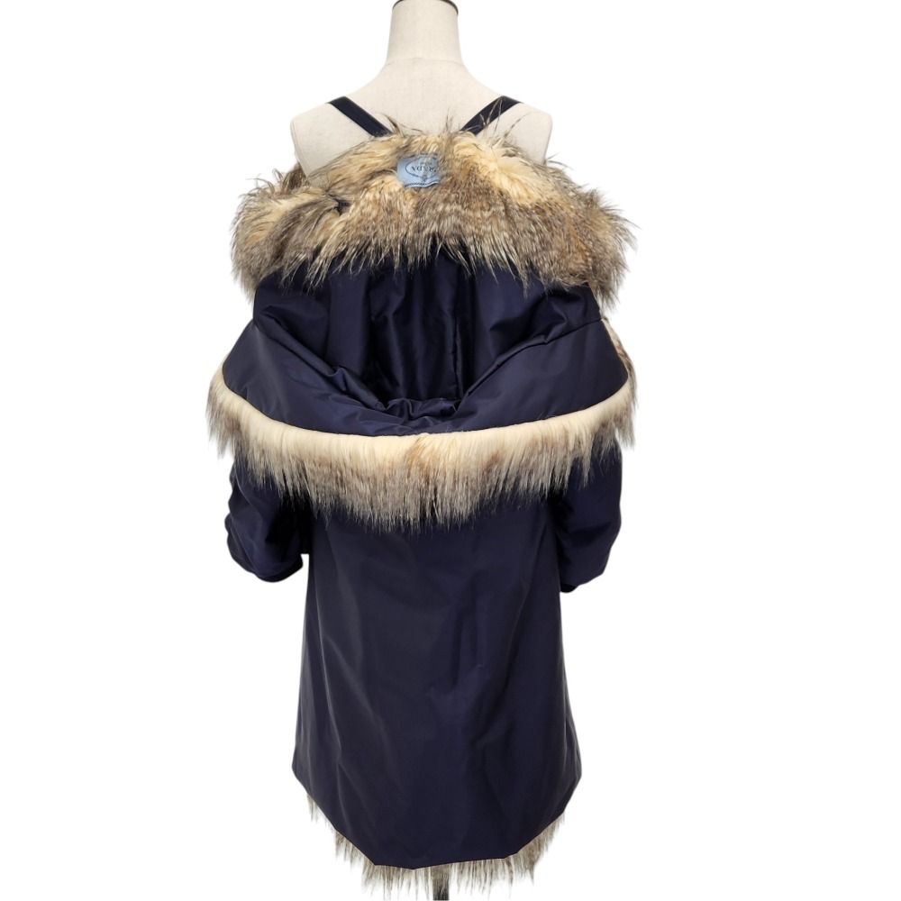 Prada Re-Nylon Triangle Pouch Off Shoulder Faux Fur Coat Navy 36 — view 3