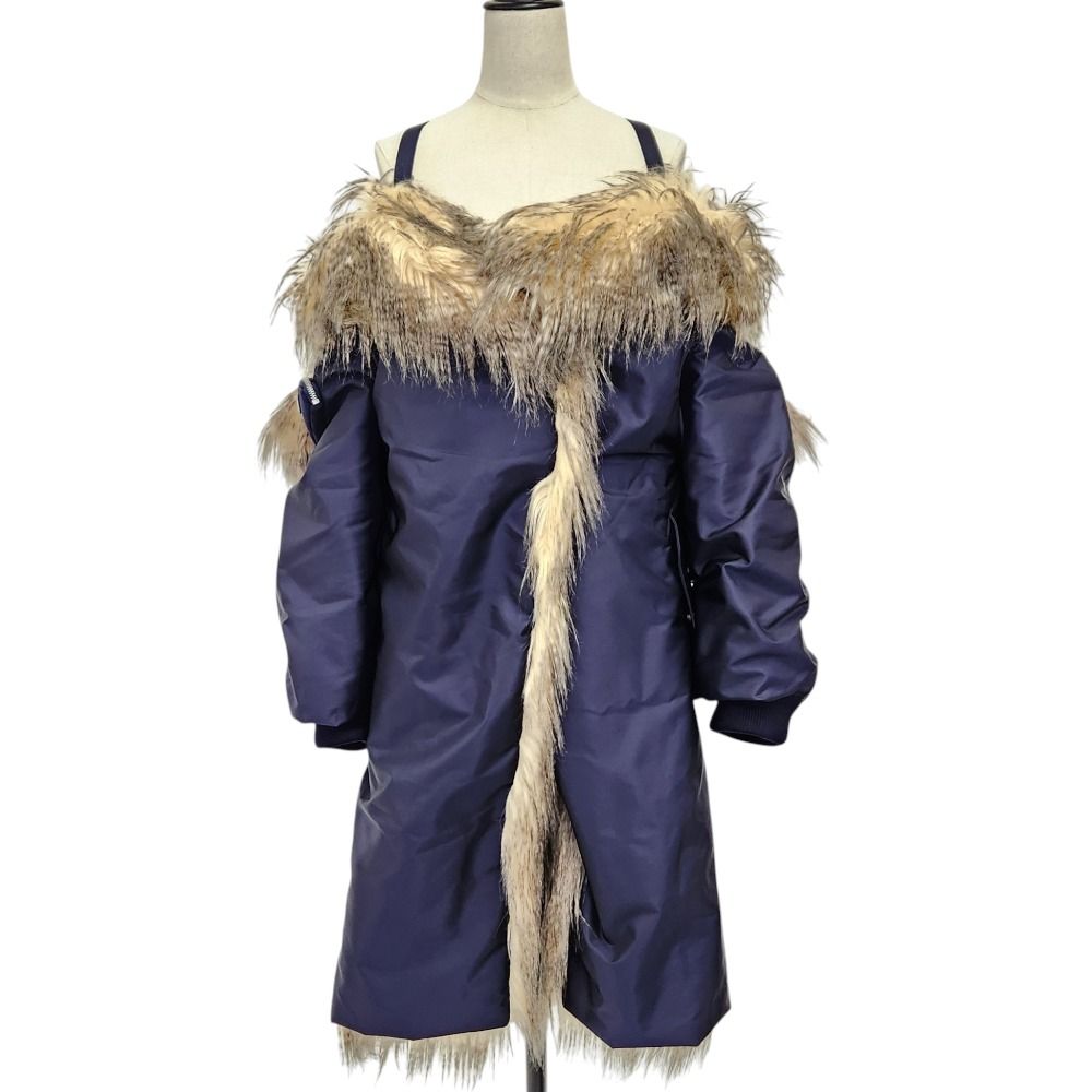 Prada Re-Nylon Triangle Pouch Off Shoulder Faux Fur Coat Navy 36