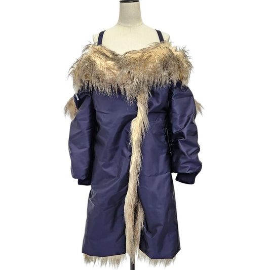 Prada Re-Nylon Triangle Pouch Off Shoulder Faux Fur Coat Navy 36