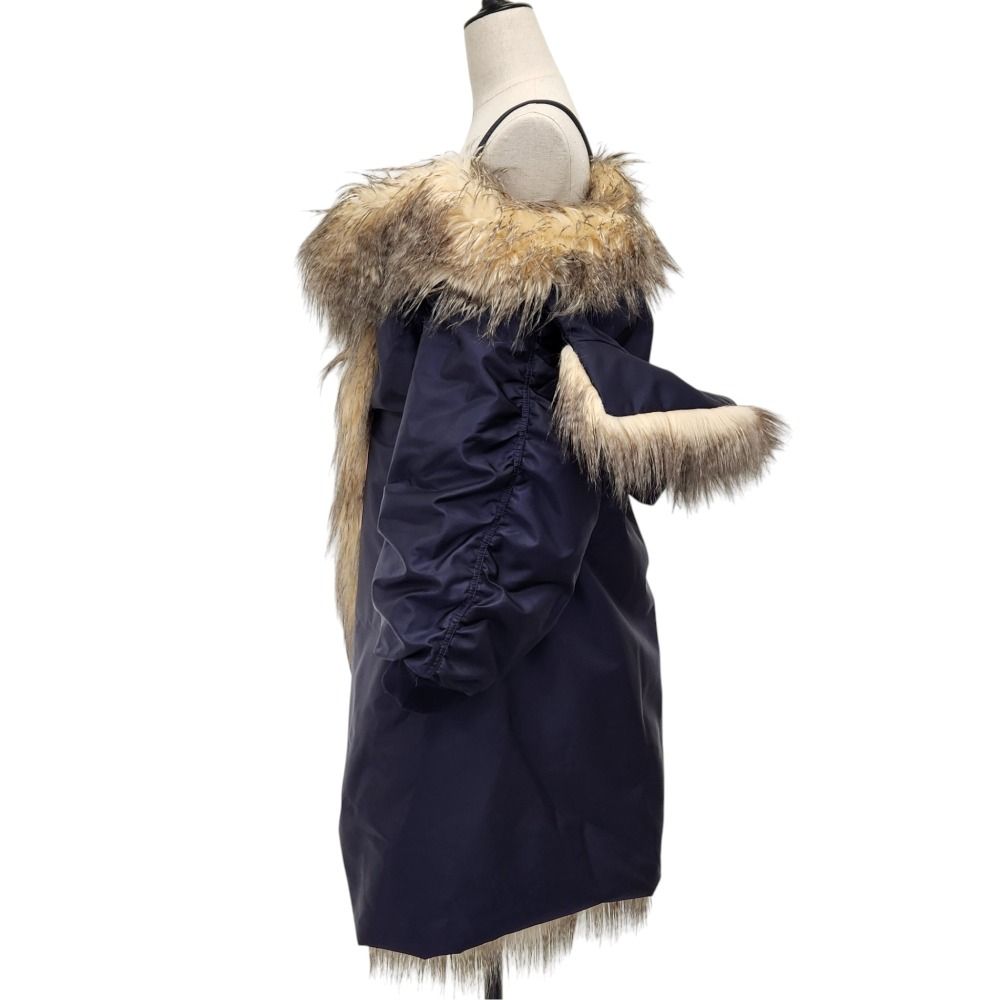 Prada Re-Nylon Triangle Pouch Off Shoulder Faux Fur Coat Navy 36 — view 2