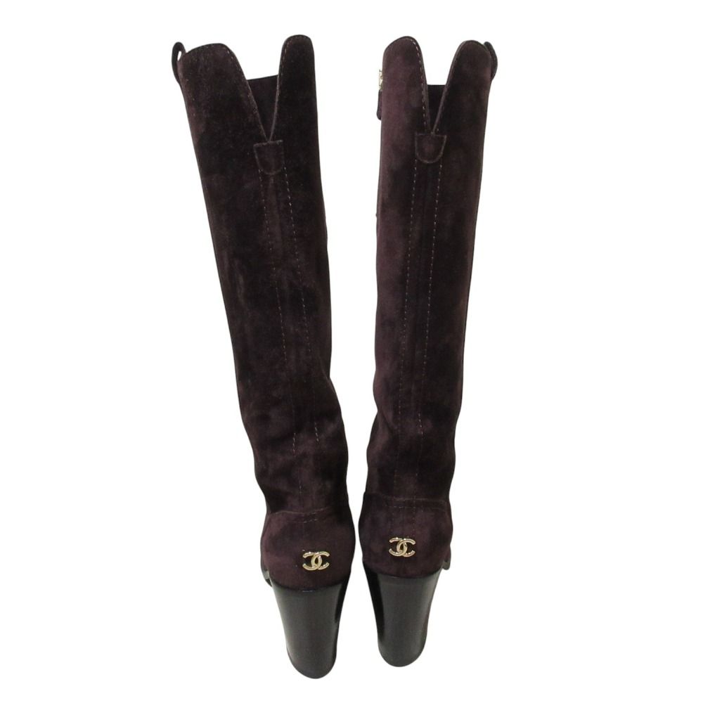 Chanel CC Logo Suede Leather Long Boots 37C Bordeaux — view 2