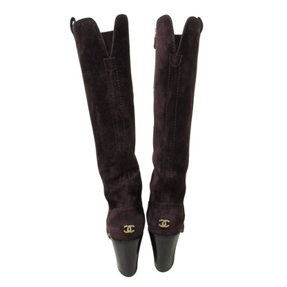 Chanel CC Logo Suede Leather Long Boots 37C Bordeaux — view 2