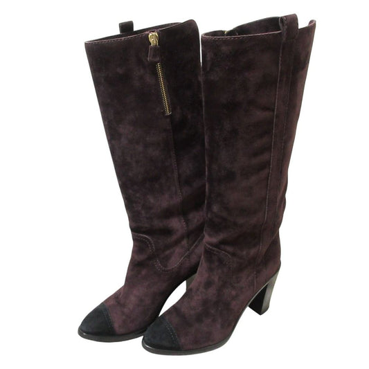 Chanel CC Logo Suede Leather Long Boots 37C Bordeaux