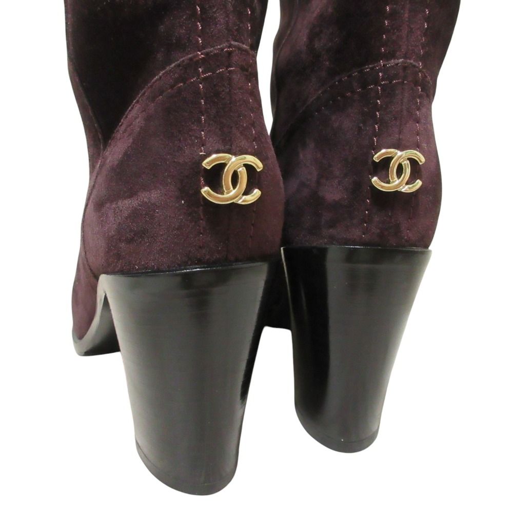 Chanel CC Logo Suede Leather Long Boots 37C Bordeaux — view 7