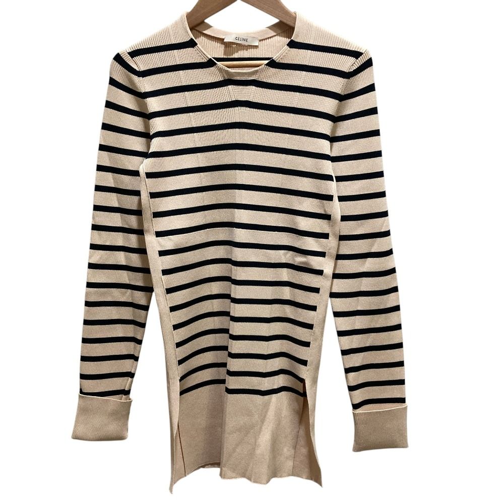 Celine Phoebe Philo Era Border Rib Knit Top Beige Black Sweater M