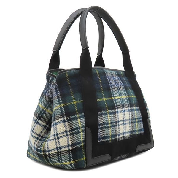 Balenciaga Tote Bag Navy Cabas S Wool Leather Green White Silver Plaid Logo — view 2