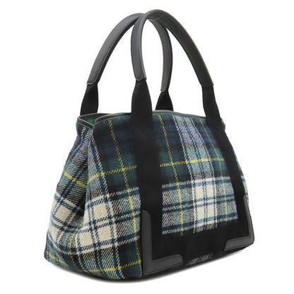 Balenciaga Tote Bag Navy Cabas S Wool Leather Green White Silver Plaid Logo — view 2