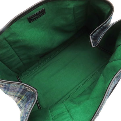 Balenciaga Tote Bag Navy Cabas S Wool Leather Green White Silver Plaid Logo — view 8