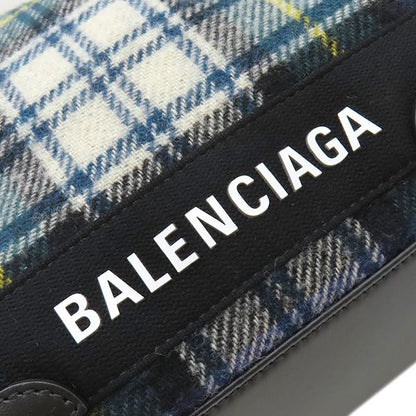 Balenciaga Tote Bag Navy Cabas S Wool Leather Green White Silver Plaid Logo — view 6