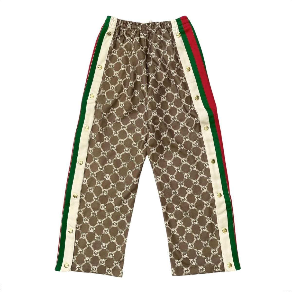 Gucci Jersey Snap Button Track Pants Interlocking G Web Stripe Logo Brown — view 2