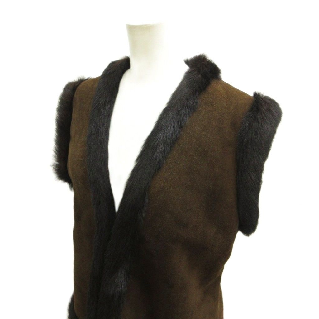Loewe Suede Fur Shearling Vest V-neck Sleeveless Wool Large Brown 44 — view 4