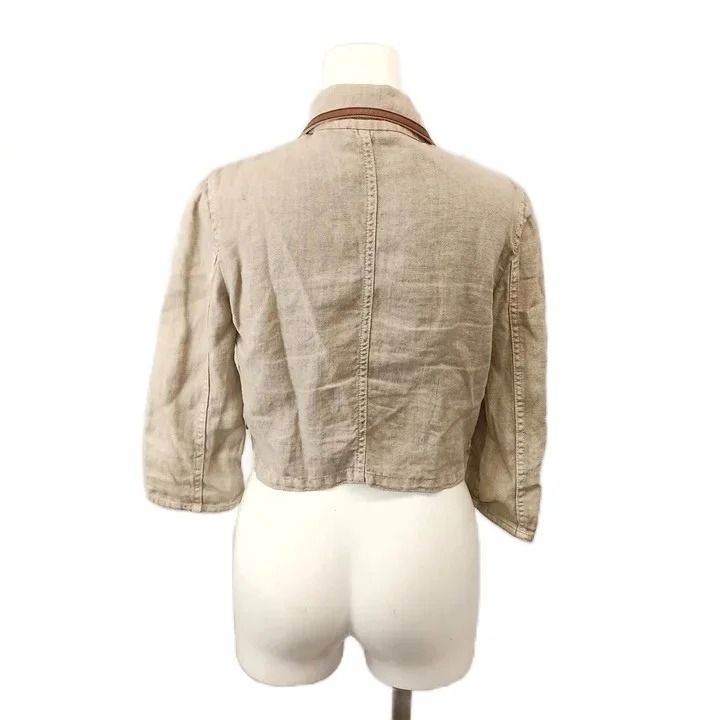 Miu Miu Linen Jacket Zip Up Three Quarter Sleeve Beige Brown Leather Brooch 38 — view 3
