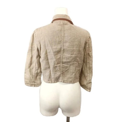 Miu Miu Linen Jacket Zip Up Three Quarter Sleeve Beige Brown Leather Brooch 38 — view 3