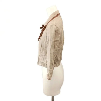 Miu Miu Linen Jacket Zip Up Three Quarter Sleeve Beige Brown Leather Brooch 38 — view 2