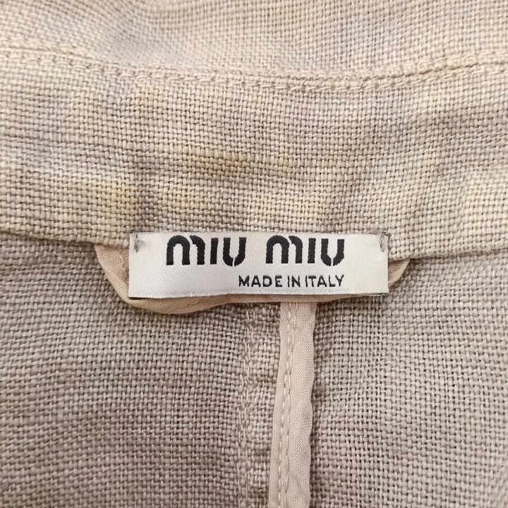 Miu Miu Linen Jacket Zip Up Three Quarter Sleeve Beige Brown Leather Brooch 38 — view 4
