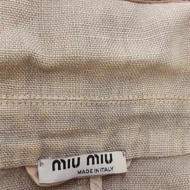 Miu Miu Linen Jacket Zip Up Three Quarter Sleeve Beige Brown Leather Brooch 38 — view 6