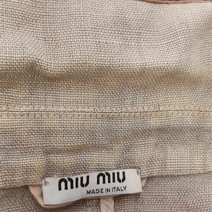 Miu Miu Linen Jacket Zip Up Three Quarter Sleeve Beige Brown Leather Brooch 38 — view 6