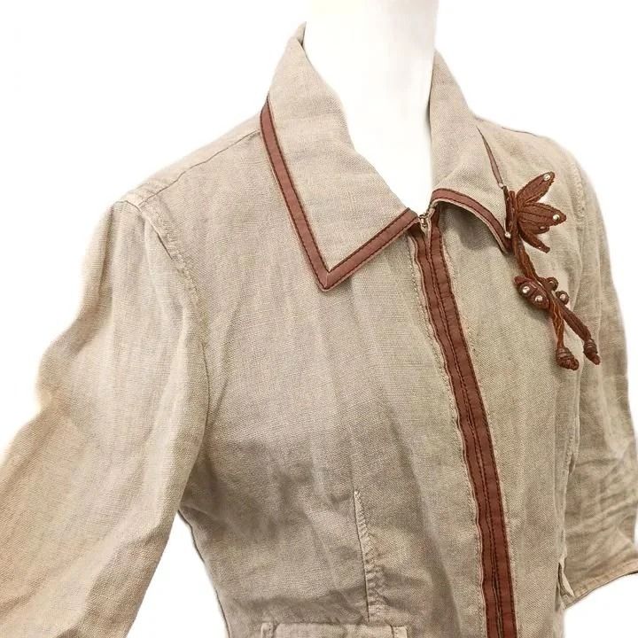 Miu Miu Linen Jacket Zip Up Three Quarter Sleeve Beige Brown Leather Brooch 38 — view 5