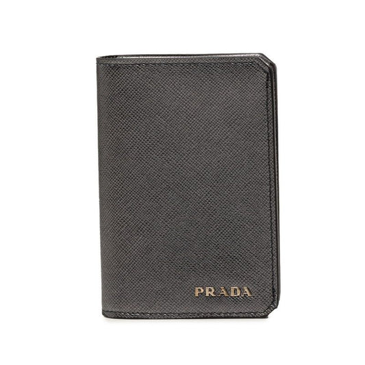 Prada Logo Card Case Business Silver Saffiano Leather