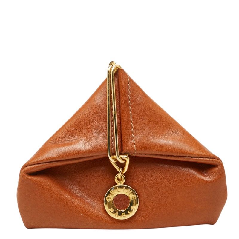Celine Vintage Coin Purse Triangle Brown Gold Leather