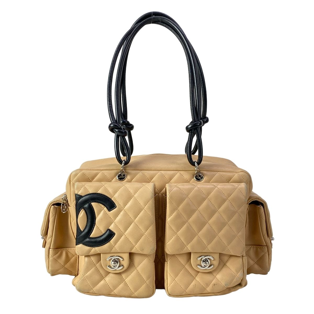 Chanel Shoulder Bag Cambon Line Multi Pocket Beige Black Silver