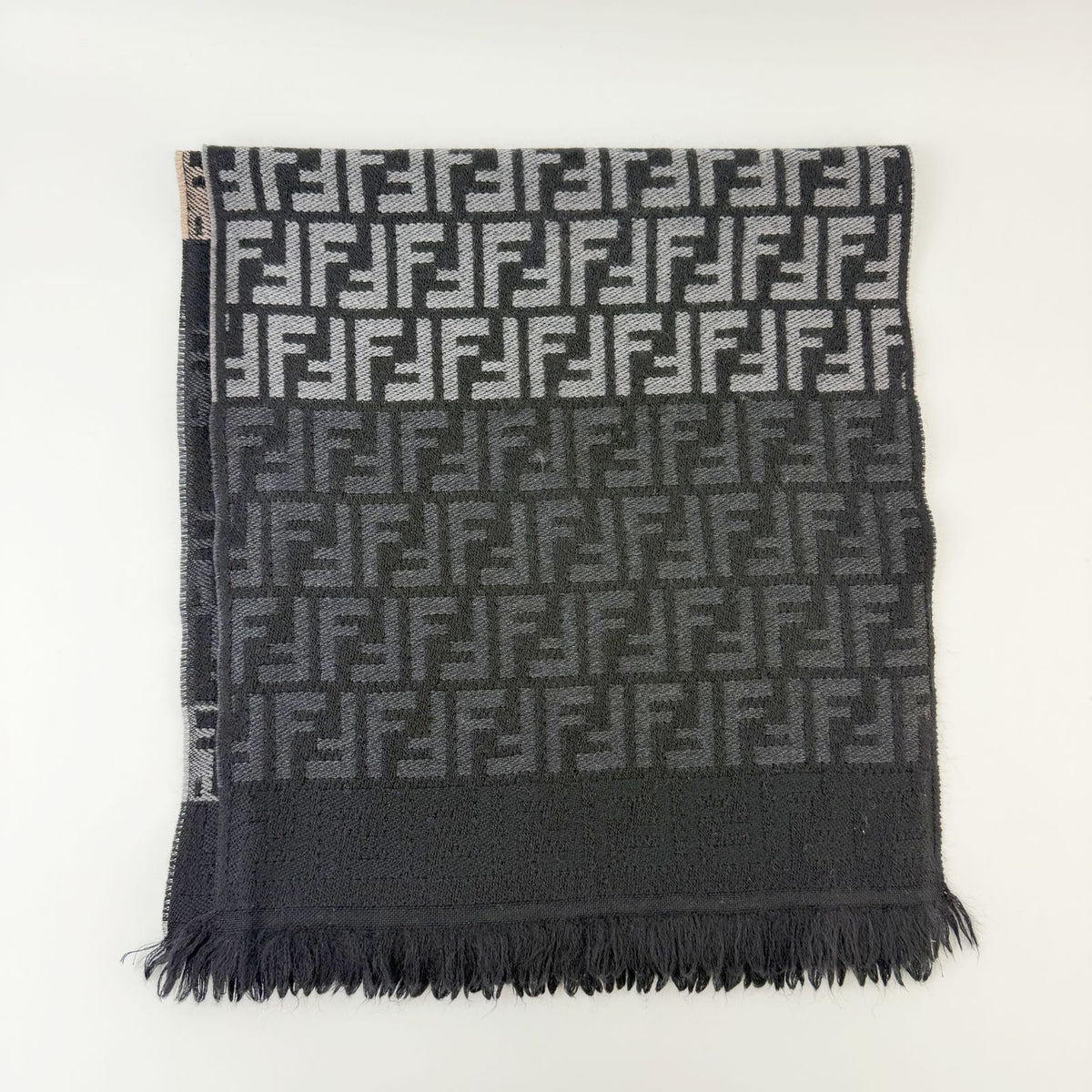Fendi Zucca FF Border Scarf Wool 100% Gray Black Vintage