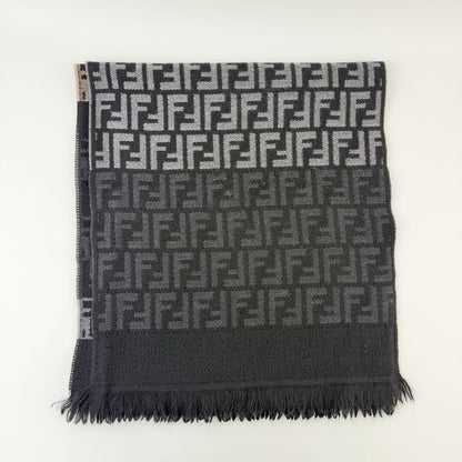 Fendi Zucca FF Border Scarf Wool 100% Gray Black Vintage