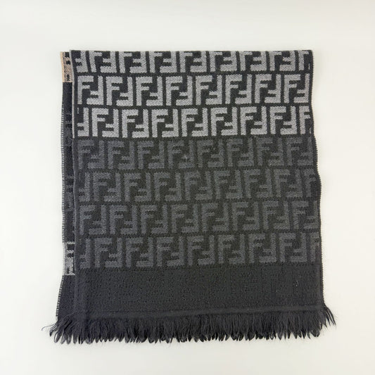 Fendi Zucca FF Border Scarf Wool 100% Gray Black Vintage