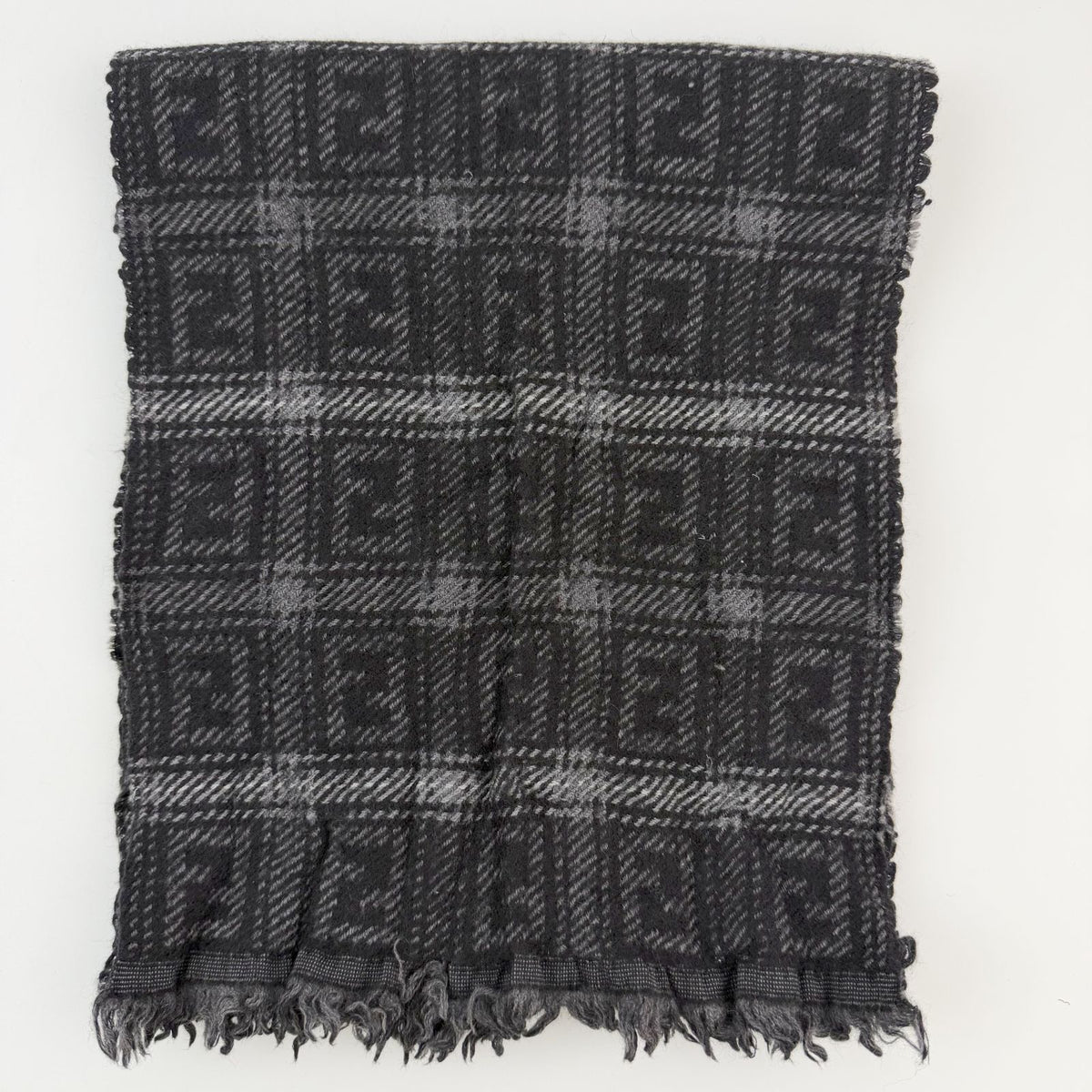 Fendi Zucca FF Check Scarf Wool 100% Black Gray Vintage