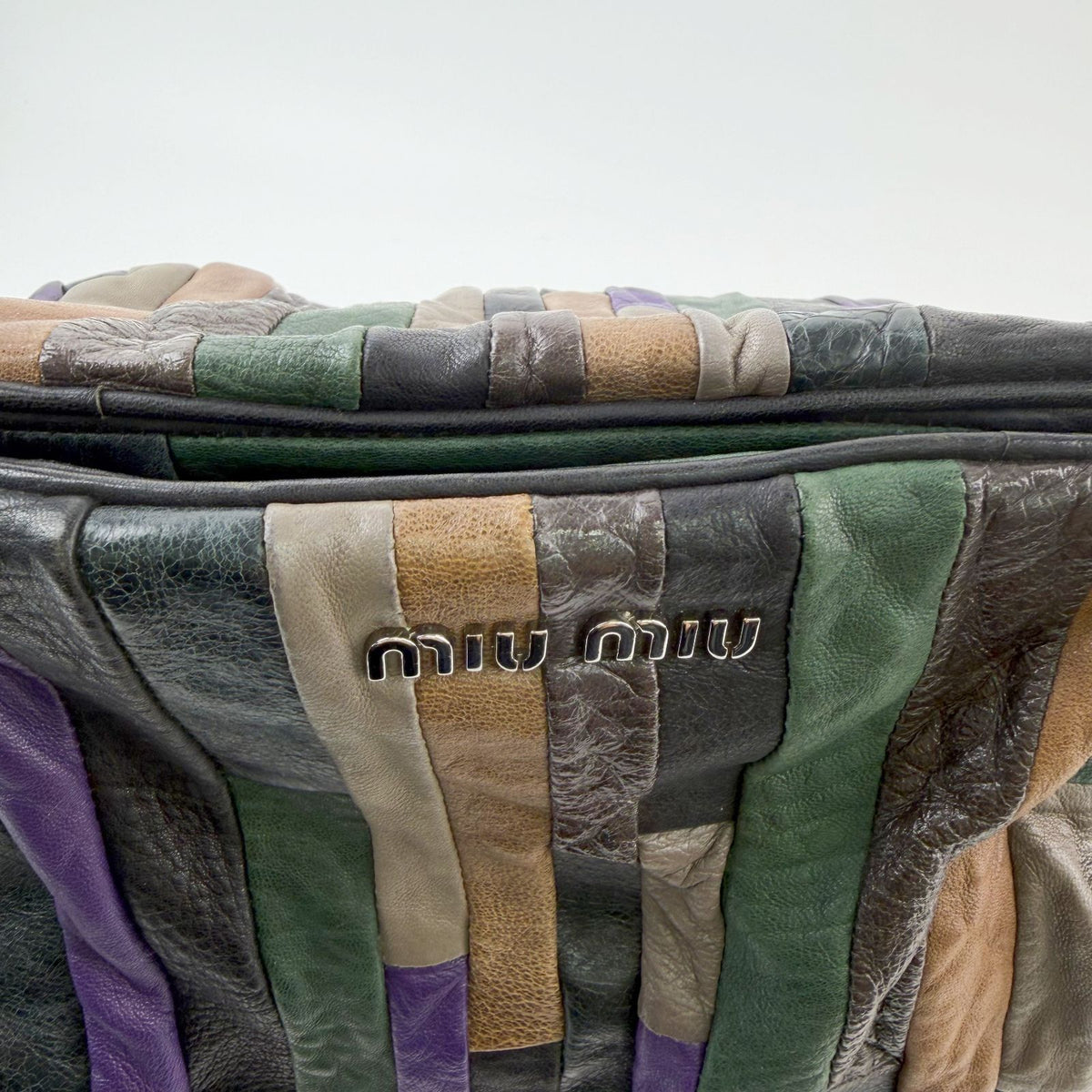 Miu Miu Multicolor Patchwork Gathered Handbag Leather Green Purple Brown Black — view 4