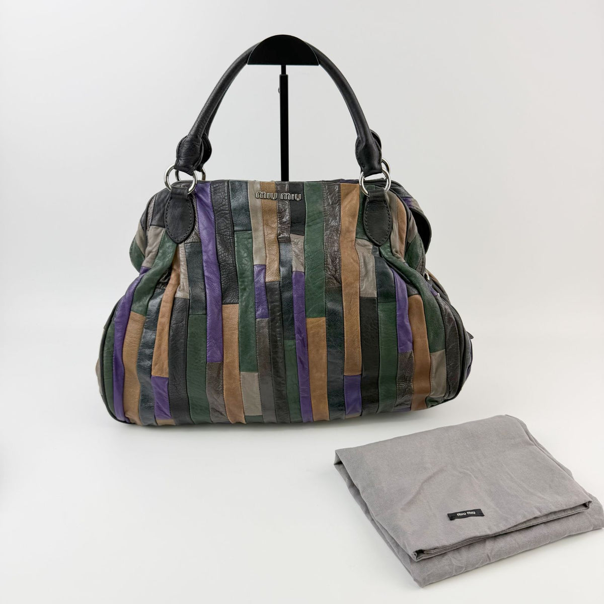 Miu Miu Multicolor Patchwork Gathered Handbag Leather Green Purple Brown Black