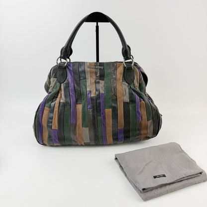 Miu Miu Multicolor Patchwork Gathered Handbag Leather Green Purple Brown Black