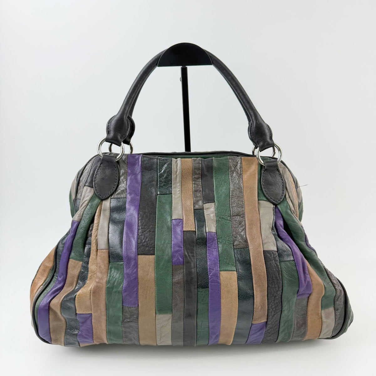 Miu Miu Multicolor Patchwork Gathered Handbag Leather Green Purple Brown Black — view 3