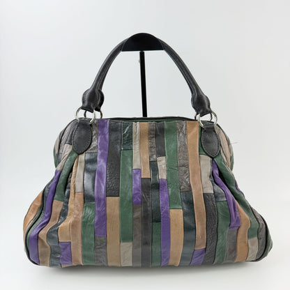 Miu Miu Multicolor Patchwork Gathered Handbag Leather Green Purple Brown Black — view 3