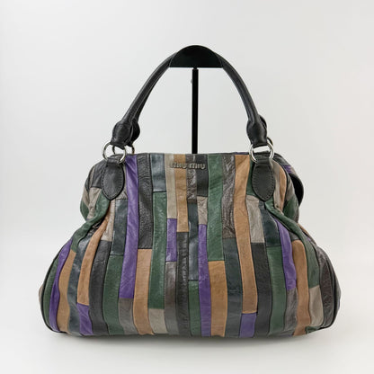 Miu Miu Multicolor Patchwork Gathered Handbag Leather Green Purple Brown Black — view 2