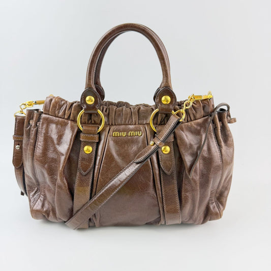 Miu Miu Vitterolux Gathered 2-Way Shoulder Bag Leather Brown Gold Vintage
