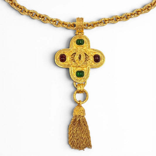 Chanel Vintage 94A CC Logo Gripoix Cross Fringe Long Necklace Gold French
