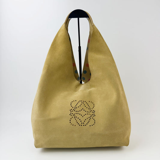Loewe Anagram Perforated Dot Shoulder Bag Tote Suede Leather Mustard Multicolor