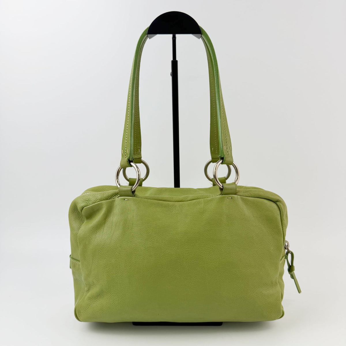 Miu Miu Logo Plate Mini Boston Shoulder Bag Leather Lime Green Silver Vintage — view 2