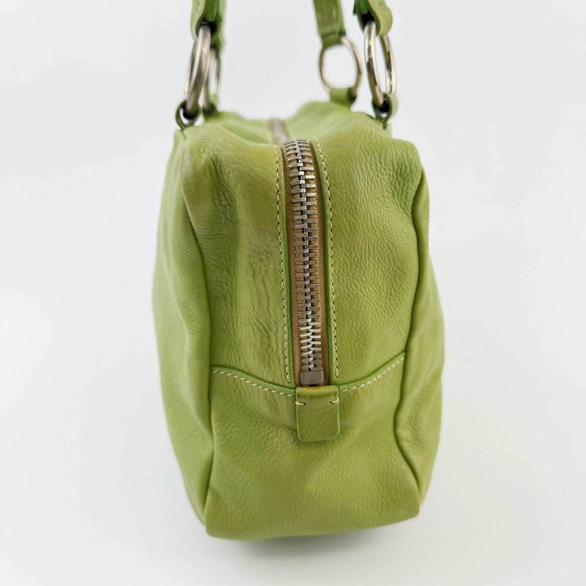 Miu Miu Logo Plate Mini Boston Shoulder Bag Leather Lime Green Silver Vintage — view 3