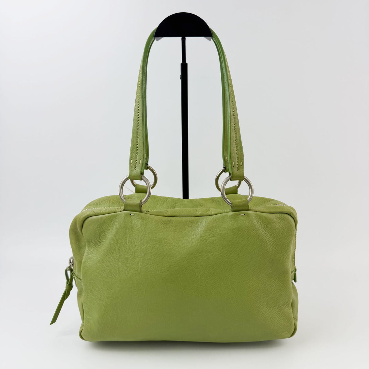 Miu Miu Logo Plate Mini Boston Shoulder Bag Leather Lime Green Silver Vintage