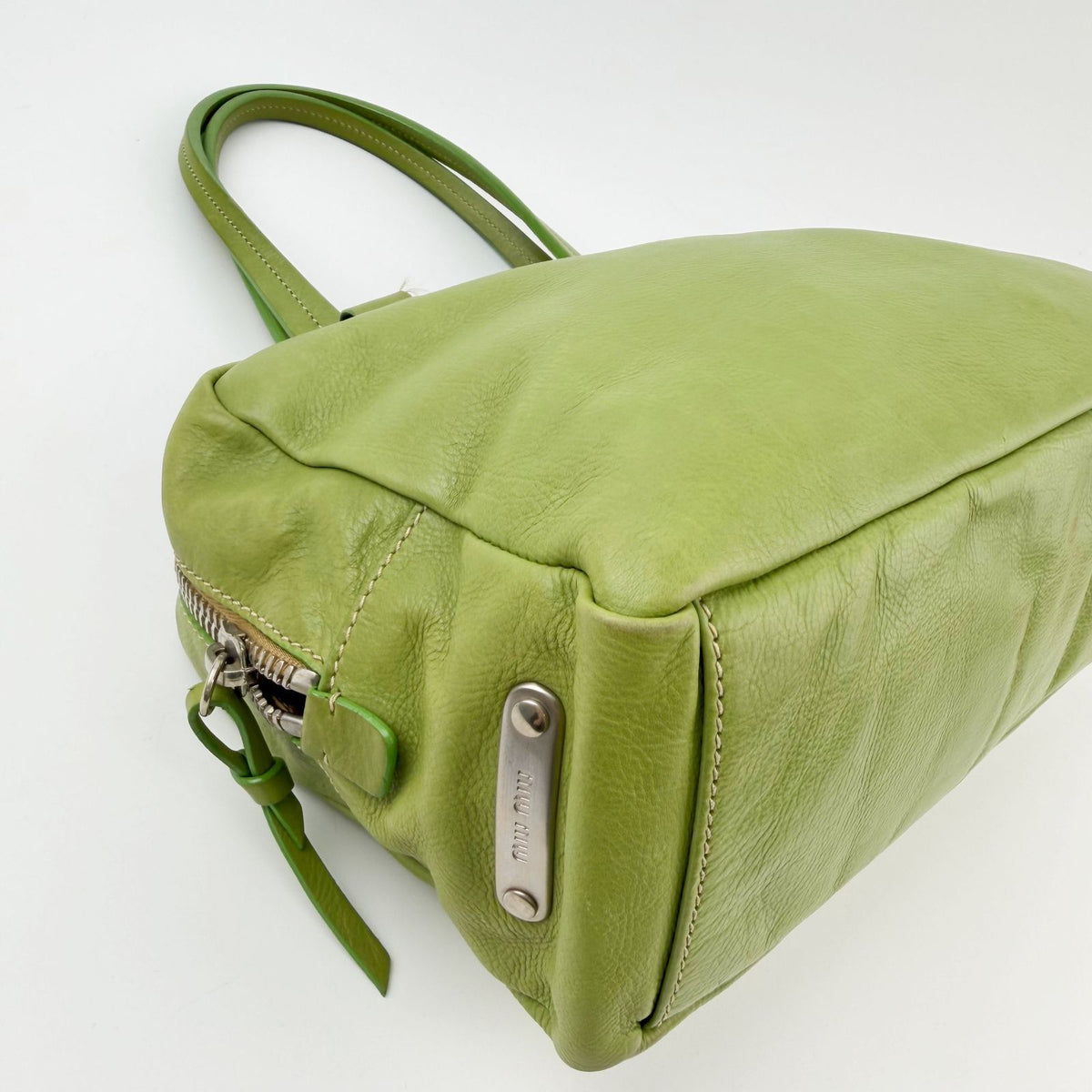 Miu Miu Logo Plate Mini Boston Shoulder Bag Leather Lime Green Silver Vintage — view 7