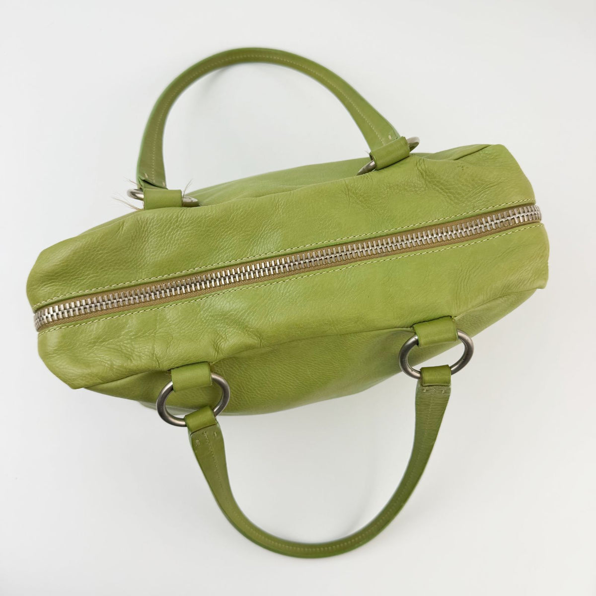 Miu Miu Logo Plate Mini Boston Shoulder Bag Leather Lime Green Silver Vintage — view 5