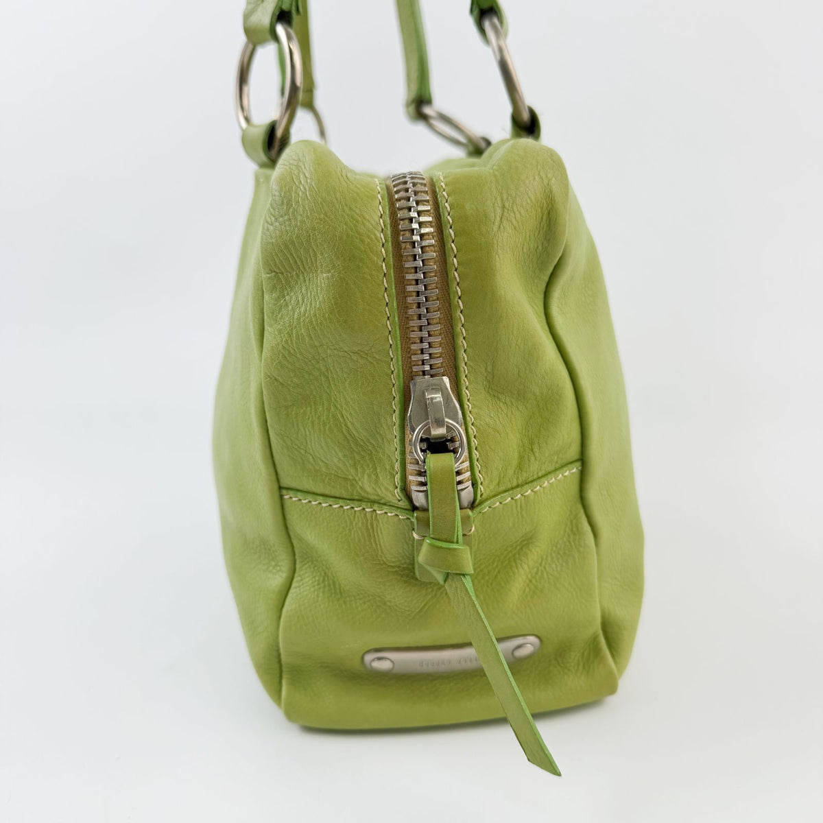 Miu Miu Logo Plate Mini Boston Shoulder Bag Leather Lime Green Silver Vintage — view 4