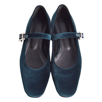 Hermes Pumps Jane Flat H Logo Strap Shoes Velour Green — view 4