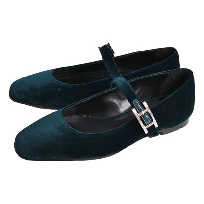 Hermes Pumps Jane Flat H Logo Strap Shoes Velour Green — view 2