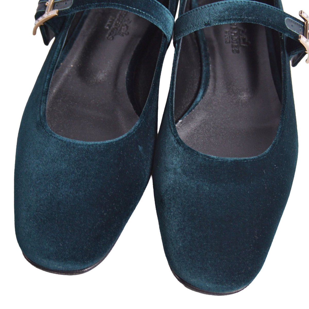Hermes Pumps Jane Flat H Logo Strap Shoes Velour Green — view 3