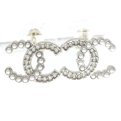 Chanel CC Logo Rhinestone Pearl Earrings Silver