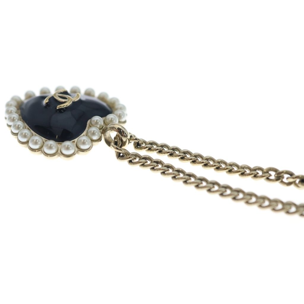 Chanel CC Logo Faux Pearl Heart Necklace Metal Black Gold — view 5